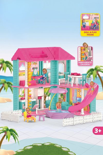 craftivio Mila'nın Miami Evi Havuzlu Kaydıraklı Oyuncak Bebek Evi Seti (3+ Yaş)