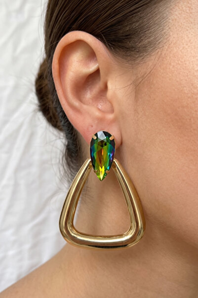 PETEK AKSESUAR Droplet Stone Large Triangle Metal Earrings 7 Cm.