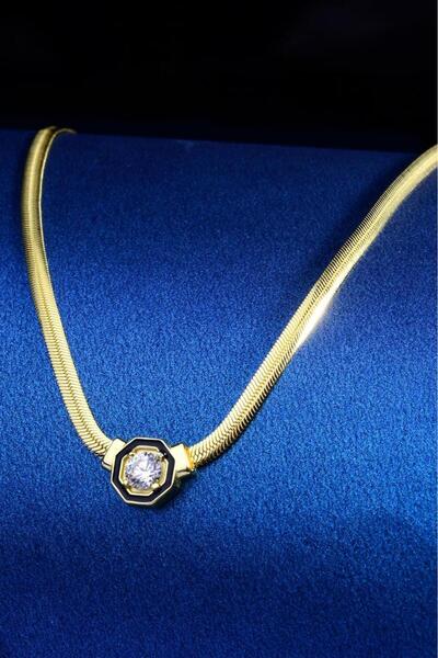 innuendo jewelery 925 Ayar Gümüş Altın Kaplama Balık Sırtı Zincir Tek Taş Kolye