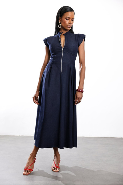 QİMYA BUTİK NOX Γυναικείο Φόρεμα με Όρθιο Γιακά, Επενδυμένο στα Άκρα τα Μανίκ...