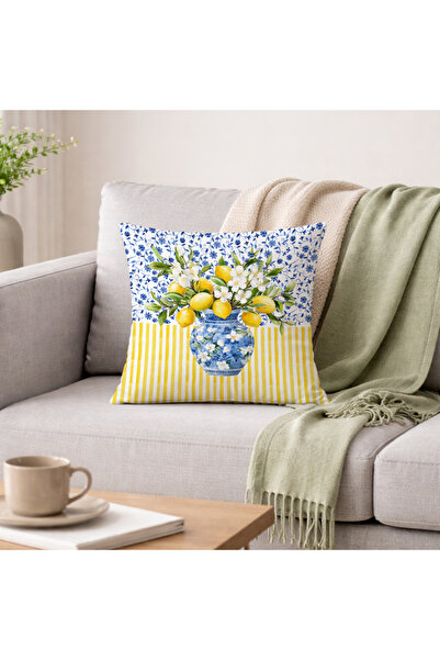 Evmila غطاء وسادة بنمط الليمون على خلفية زرقاء مزينة بالزهور وخطوط صفراء في و...