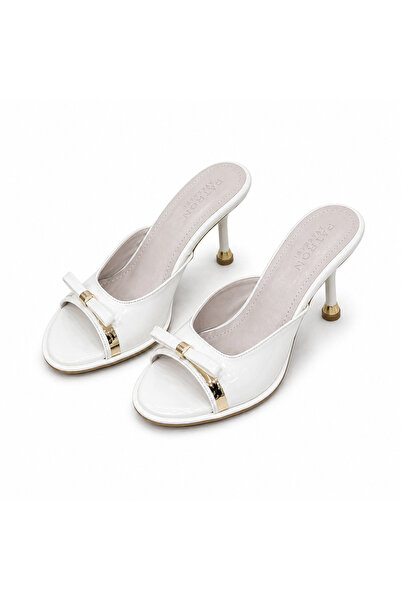 PATRON SHOES Women's Patent Leather Thin Heeled Slippers with Gold Detail, St...