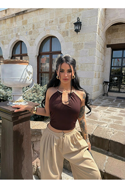 kırmızı butiks Καφέ δαντελωτό τοπ με δέσιμο στο λαιμό