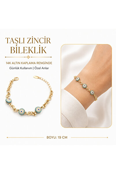 ADELYA CONCEPT Taşlı Zincir Nazar Boncuklu Bileklik Kuyumcu İşi 14k Altın Ren...