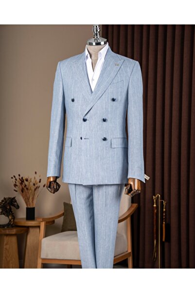 TerziAdemAltun Slim Fit Men's Double-Breasted Pointed Collar Striped Linen Ja...