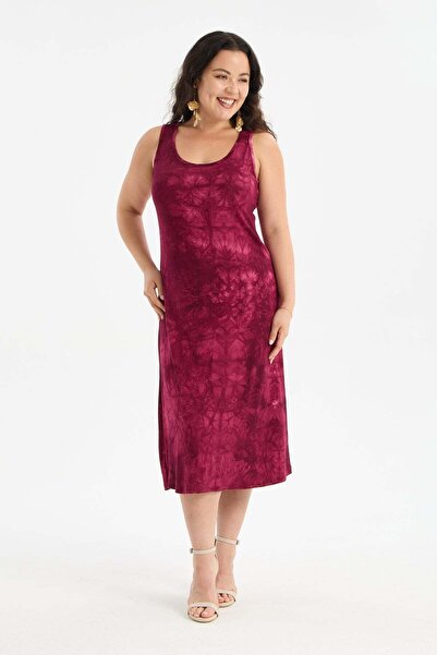 Madwilo Γυναικείο φόρεμα μπορντό με σχέδιο μπατίκ, με τιράντες, μεγάλου μεγέθους