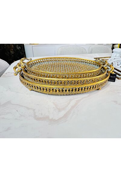 KARCILAR HOME STORE 3 lü eskitme gold dekoratif tepsi