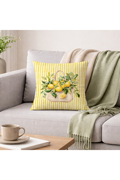 Evmila غطاء وسادة بنمط الليمون مع سلال من القش على خلفية مخططة باللون الأصفر ...