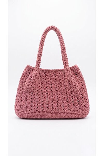 Enie Γυναικεία λιλά πλεκτή χειροποίητη τσάντα παραλίας και ώμου - χωρίς επένδυση