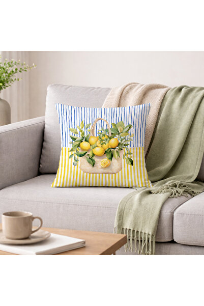 Evmila غطاء وسادة مزخرف بنمط الليمون مع خطوط زرقاء وصفراء، في سلة من القش (43...