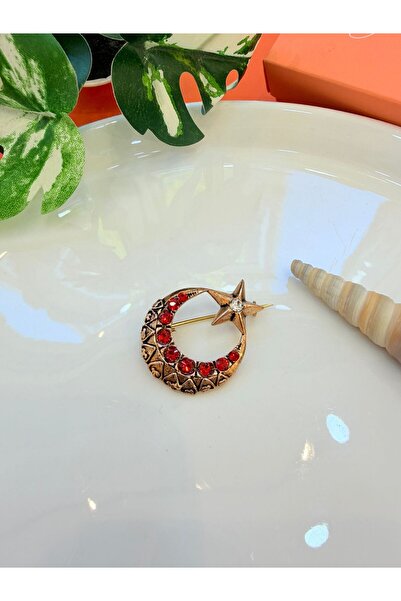 ZİRKON TAŞLI AY YILDIZ BRONZ BROŞ ( EN 3 CM BOY 2.5 CM )