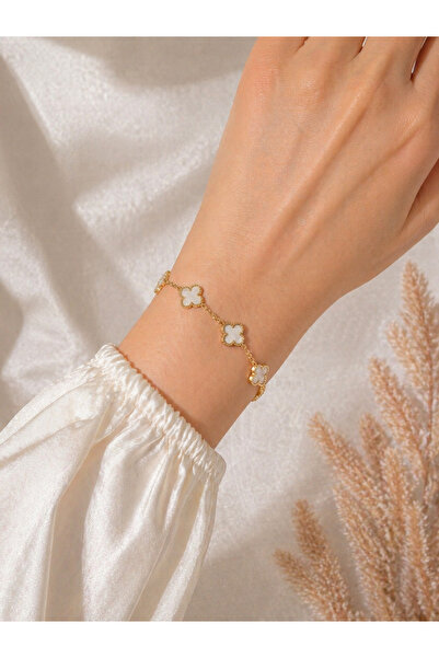 Bymiel Women's White Clover Figured Gold Color Stainless Steel Bracelet Adjus...