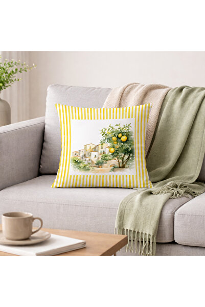 Evmila غطاء وسادة بخطوط صفراء ومرصع بإطار، مع منظر لمنزل البحر الأبيض المتوسط...