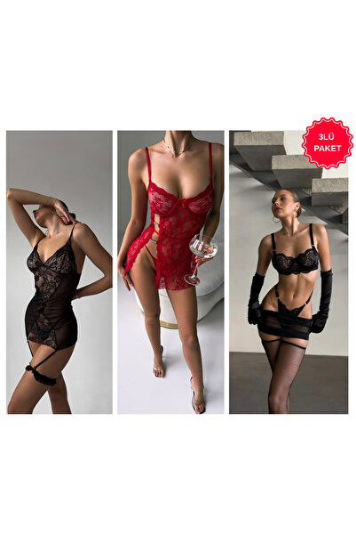 LEILA LINGERIE Jartıyerli Babydoll & Etekli Bralet 3Lü Paket