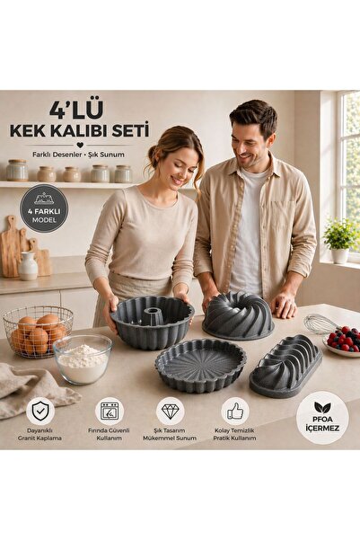 KOOB Premium Döküm 4'lü Gri Kek Kalıbı Seti