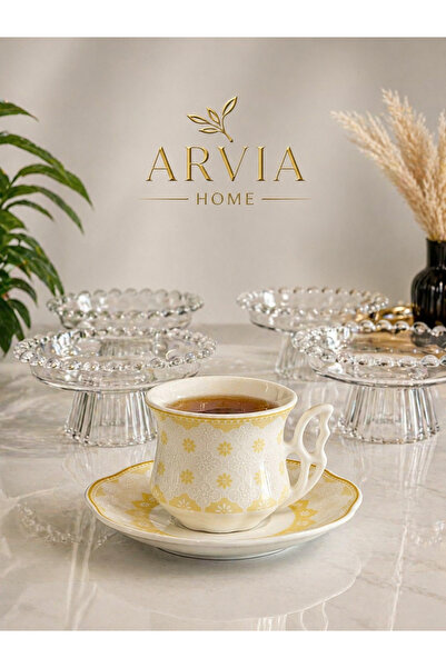 ARVİA HOME ÇVS Porselen Fincan Takımı 6 Kişilik Kahve Fincanı Seti Şık Desenl...