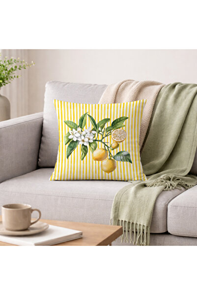 Evmila غطاء وسادة بنمط فرع الليمون المزهر على خلفية مخططة باللونين الأصفر وال...