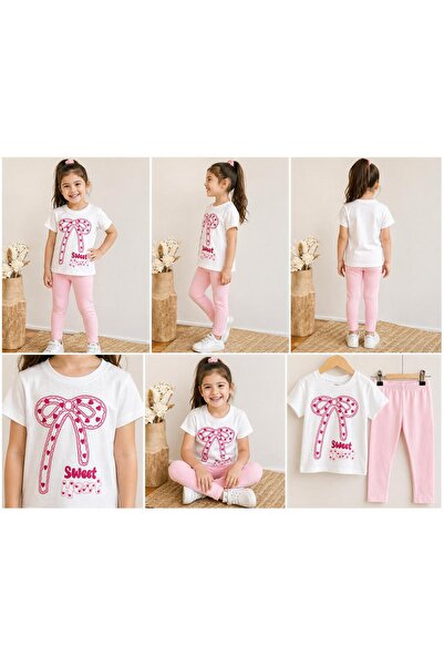 elzo collection Girl's Pink Leggings and Ribbon Printed T-Shirt Set