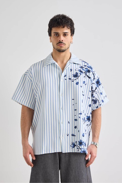 hitup Sapphire Sakura Baskılı Oversize Kısa Kollu Mavi Çizgili Premium Gömlek