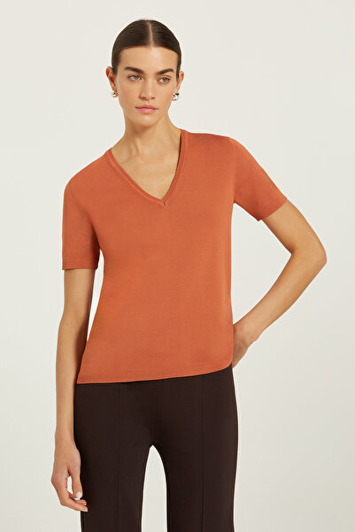 Triko Mısırlı Red Clay V-Neck Knitwear Women's T-Shirt