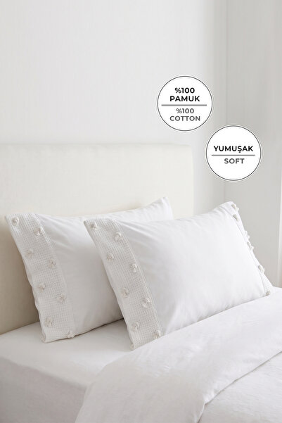 EvienHome %100 Pamuk Yastık Kılıfı 2'li Yumuşak 50x70 cm Dekoratif Krem