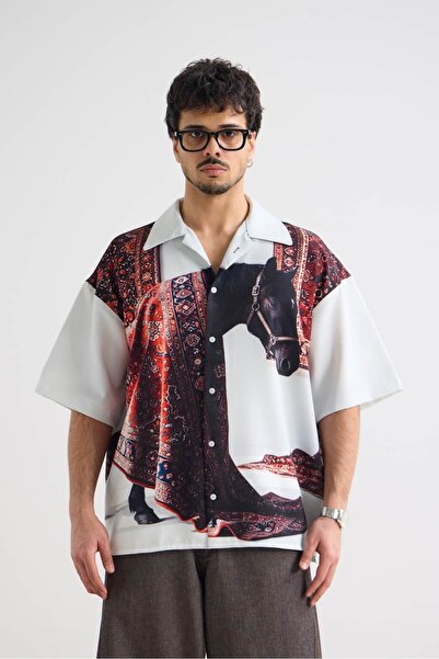 hitup Persian Steed Baskılı Oversize Kısa Kollu Premium Gömlek
