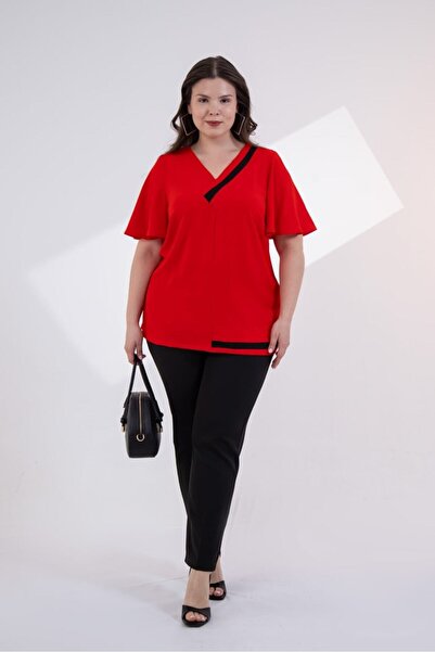 Roxxlen Γυναικεία μπλούζα μεγάλου μεγέθους με λαιμόκοψη V και διακοσμητικά στ...