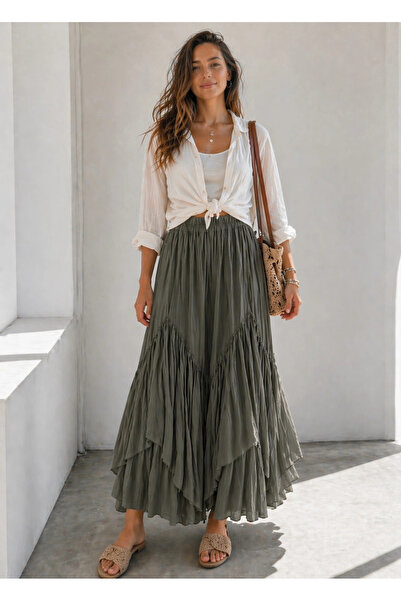 Lusin Γυναικεία Χακί Φούστα με Βολάν, Ψηλόμεση, Πολυεπίπεδη, Φαρδιά, με Φόδρα...