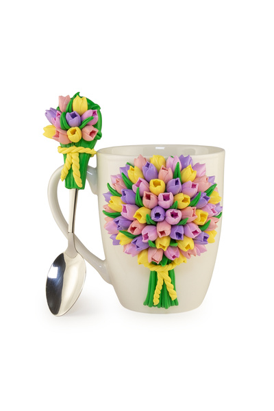 Yoobirim Box Set Cană Lalele Deschise Galben-Mov-Roz + Linguriță, Decorat cu ...