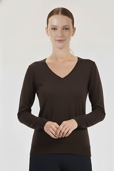 Triko Mısırlı Brown Long Sleeve V-Neck Women's Sweater