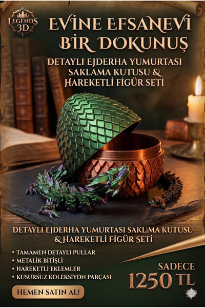 3DTAJ 3D Baskı Hareketli Eklemli Ejderha Figürü ve Detaylı Yumurta Saklama Ku...