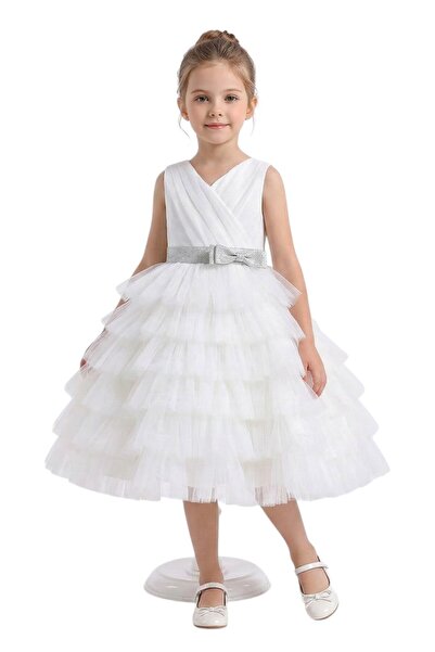 ddaniela Mia White Party Dress with belt - 4Y to 7Y