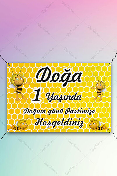 Yogi Tasarım Arı Maya Konseptli 1 Yaş Doğum Günü Afişi Yatay 100x70cm