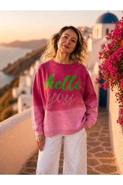 satya Koyu Pembe Degrade Strass Taş Baskılı Oversize Sweatshirt