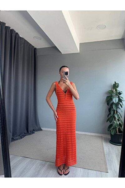 ÇEÇİM Γυναικείο διάτρητο πλεκτό μάξι φόρεμα