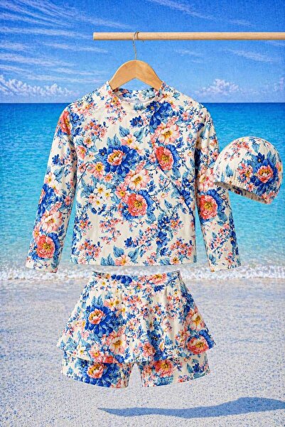 CHİCKİDSWEAR Κοριτσίστικο μακρυμάνικο μαγιό με σχέδια, καπέλο και σορτς με φο...