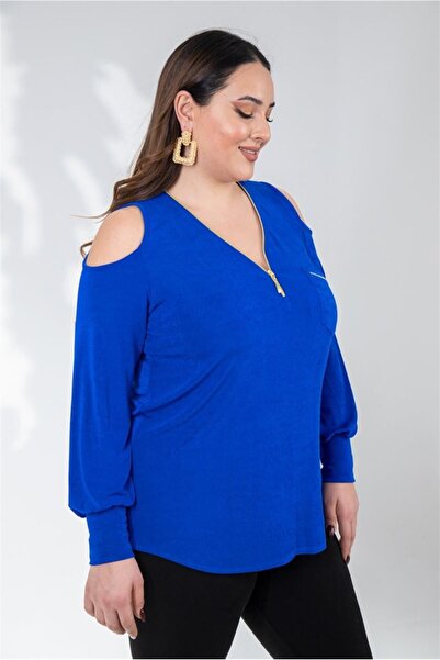 Roxxlen Women's Plus Size Zippered Off-Shoulder Blouse