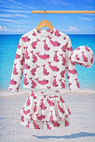 CHİCKİDSWEAR Κοριτσίστικο μακρυμάνικο μαγιό με σχέδια, καπέλο και σορτς με φο...