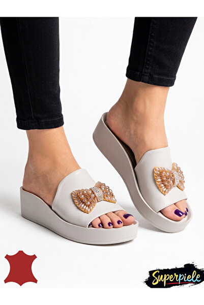 ANGEL BLUE Γυναικεία παντόφλα από γνήσιο δέρμα με βαθιά σόλα και διακοσμητική...