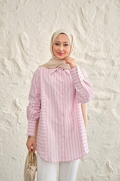 LOCCO Γυναικείο πουκάμισο με λεπτομέρεια σε ίσια και πλαϊνή γραμμή, ροζ