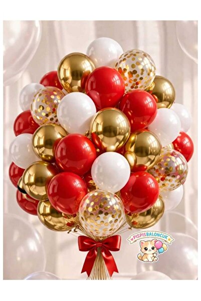 PISPISBALONCUK kırmızı Beyaz metalik Gold şeffaf Konfetili Balon Seti doğum g...