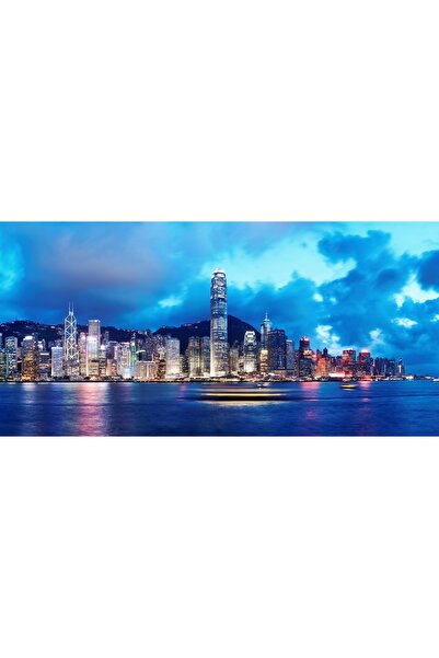 media Πίνακας σε καμβά Πανοράμα Χονγκ Κονγκ τη νύχτα, 60 x 40 εκ.