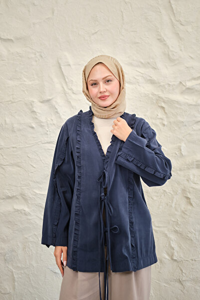 LOCCO Γυναικείο κιμονό με λεπτομέρεια κορδόνι στο μπροστινό μέρος, σε μπλε να...