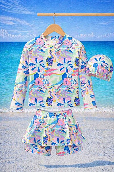 CHİCKİDSWEAR Κοριτσίστικο μακρυμάνικο μαγιό με σχέδια, καπέλο και σορτς με φο...