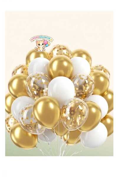 PISPISBALONCUK Beyaz metalik Gold şeffaf Konfetili Balon Seti doğum günü cins...