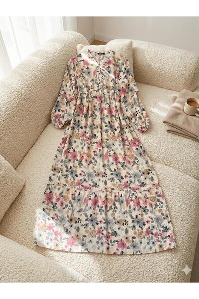 ÇALIŞKAN MODA SOFT DESEN V YAKA MAN.GO KUMAŞ SALAŞ YAZLIK UZUN ELBİSE [ GENİŞ...