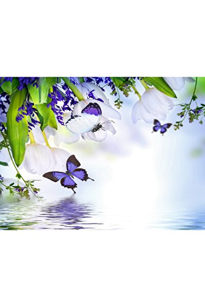 media Πίνακας σε καμβά: Τουλίπες και πεταλούδες πάνω από το νερό, 90 x 60 εκ.