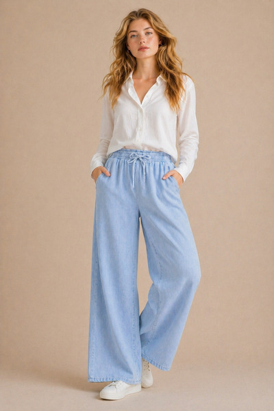 GLOW MUSE Beli Lastikli Bol Paça Kot Pantolon -Bebe Mavi