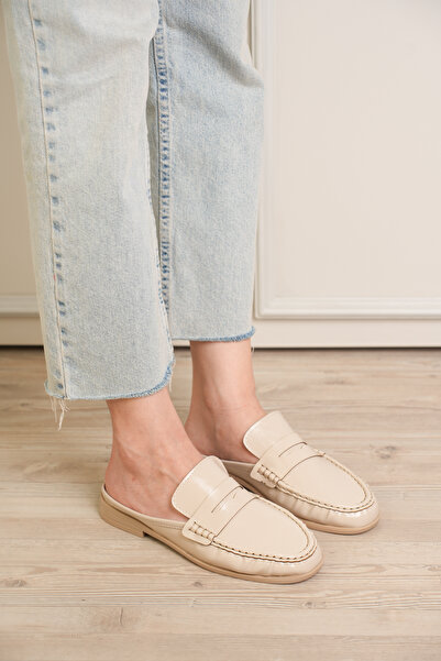 Esilapark Μπεζ δερμάτινες παντόφλες τύπου loafer, χειροποίητες, με αντιολισθη...