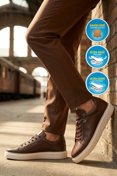 AYAKMOD Brown Genuine Leather Flexible Lightweight Men's Casual Shoes 2692 m